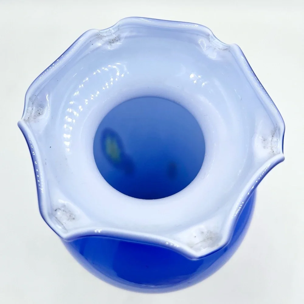 Lavorazione Art Murano? Blue Blown Glass Ruffled Millefiori Vase Italy EUC 8.25”